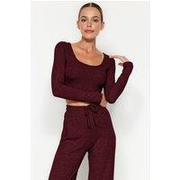 WOVCOR Women's Soft Knit Crop Top & Wide Leg Pant Set in Burgundy | Size: XS