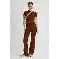 WOVCOR Women's Stretch Woven Crop Top & Trousers Co-Ord Set in Brown | Size: Large