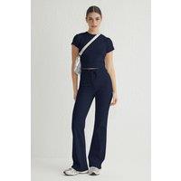 WOVCOR Women's Stretch Woven Crop Top & Trousers Co-Ord Set in Navy | Size: Large