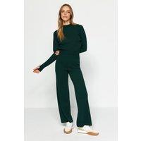 WOVCOR Women's Ribbed Knit Top & Wide Leg Pants Two Piece Set in Green | Size: Small