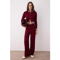 WOVCOR Women's 2-Piece Set Zip-Up Knit Cardigan & Wide Leg Pants in Burgundy | Size: XL