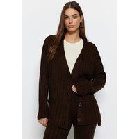 WOVCOR Women's 2-Piece Set Ribbed Knit Cardigan & Wide Leg Trousers in Brown | Size: Small