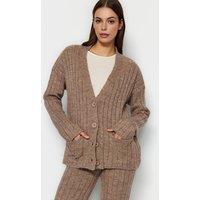 WOVCOR Women's 2-Piece Set Ribbed Knit Cardigan & Wide Leg Trousers in Taupe | Size: Small