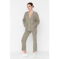 WOVCOR Women's 2-Piece Set Ribbed Knit Cardigan & Wide Leg Trousers in Stone | Size: Medium