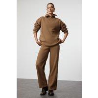 WOVCOR Women's 2-Piece Loose Fit Zip-Up Knit Top & Pants Set in Taupe | Size: Medium
