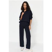 WOVCOR Women's 2-Piece Loose Fit Zip-Up Knit Top & Pants Set in Navy | Size: Small