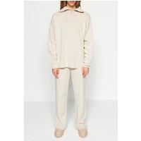 WOVCOR Women's 2-Piece Loose Fit Zip-Up Knit Top & Pants Set in Stone | Size: Medium