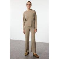 WOVCOR Women's 2-Piece Loose Fit Basic Ribbed Knit Top & Pants Set in Beige | Size: Small