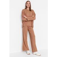 WOVCOR Women's 2-Piece Loose Fit Basic Ribbed Knit Top & Pants Set in Camel | Size: Small