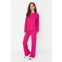 WOVCOR Women's 2-Piece Loose Fit Basic Ribbed Knit Top & Pants Set in Fuchsia | Size: Medium
