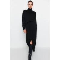 WOVCOR Women's 2-Piece Knit Turtleneck Sweater & Skirt Set in Black | Size: Large