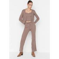 WOVCOR Women's 3-Piece Knit Cardigan, Top & Pants Set in Taupe | Size: Small