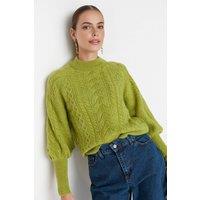 WOVCOR Women's Textured Cable Knit Jumper With Puff Sleeves in Green | Size: Large