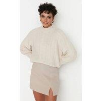 WOVCOR Women's Textured Cable Knit Jumper With Puff Sleeves in Stone | Size: Large