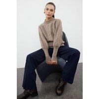 WOVCOR Women's Textured Cable Knit Jumper With Puff Sleeves in Taupe | Size: Small