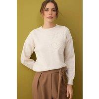 WOVCOR Women's Soft Textured Floral Cable Knit Jumper in Stone | Size: Medium