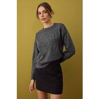 WOVCOR Women's Soft Textured Floral Cable Knit Jumper in Dark Grey | Size: Medium