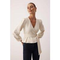 WOVCOR Women's Tie Front Woven Blouse With V-Neck Detail in Ecru | Size: 6