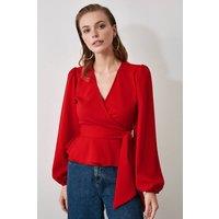 WOVCOR Women's Tie Front Woven Blouse With V-Neck Detail in Red | Size: 8