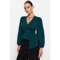 WOVCOR Women's Tie Front Woven Blouse With V-Neck Detail in Emerald | Size: 10