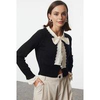 WOVCOR Women's Lace Trim Ribbed Knit Crop Cardigan with Button Front in Black | Size: Large