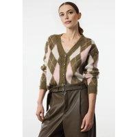 WOVCOR Women's Argyle Ribbed V-Neck Knit Cardigan with Button Front in Khaki | Size: Small