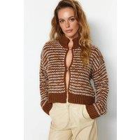 WOVCOR Women's Soft Ombre Rib-Trim Knit Cardigan - Cropped Layering Piece in Brown | Size: Small