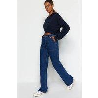 WOVCOR Women's High Waist Utility Wide Leg Jeans With Front Pockets in Navy | Size: 10