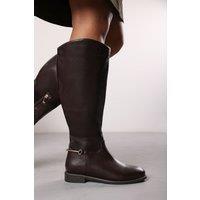 Where's That From Women's 'Nyla' Knee High Boots With Low Flat Heel & Back Buckle Detail in Brown | Size: 8