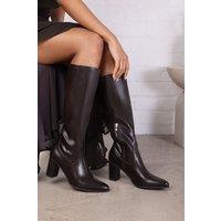 Where's That From Women's 'Ainsley' Block Heel Knee High Boots with Stitch Detail in Brown | Size: 8
