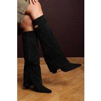 Where's That From Women's Keira Fold Over Shark Block Heel Point Toe Boots in Black | Size: 3