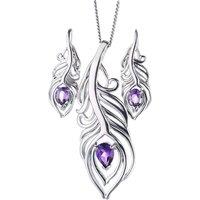 Ojewellery Women's Amethyst Peacock Feather Necklace Earring Set in Silver | Size: 22 inches