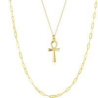 Spero London Women's Sterling Silver Egyptian Ankh & Large Rectangular Chain Stacking Necklace Set in Gold