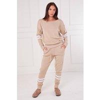 ELAINA FASHION Women's Beige Stripe Knitted Co-Ord Set | Size: Large/XL