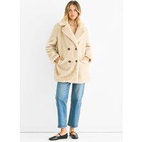Gini London Women's Beige Faux Fur Double Breasted Longline Jacket | Size: Medium/Large