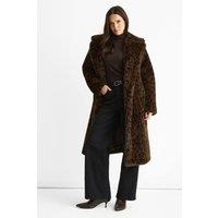 Gini London Women's Chocolate Animal Print Premium Faux Fur Belted Long Coat | Size: Medium/Large