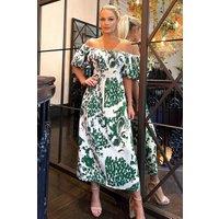 AX Paris Women's Cream & Green Printed Elasticated Waist Bardot Midi Dress | Size: 8