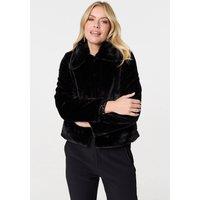 Izabel London Women's Faux Fur Zip Detail Cropped Jacket in Black | Size: 14