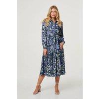 Izabel London Women's Floral Tie Waist Tiered Midi Dress in Blue | Size: 12