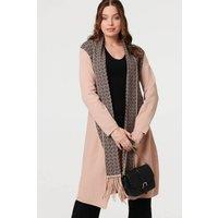 Izabel London Women's Printed Fringed Scarf Detail Long Jacket in Beige | Size: Medium/Large