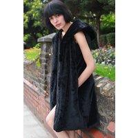CY Women's Longline Faux Fur Gilet with Oversized Fit & Hood in Black | Size: Large/XL