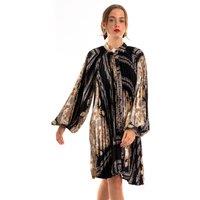 CY Women's Black & Gold Scarf Print Full Pleated Shirt Dress