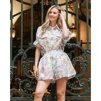CY Women's Newspaper Artwork Print Shirt & Shorts Co-Ords in Beige | Size: Medium/Large