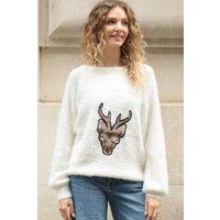 CY Women's Fluffy Christmas Jumper With Embroidered Reindeer in White