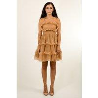 BALOU Women's Strapless Layered Tulle Frill Mini Dress in Light Brown | Size: 10
