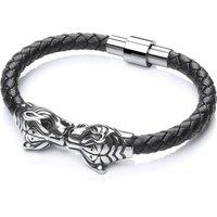 Jewelco London Men's Steel Black Leather Tiger Head Strap Bracelet 17mm 8 inch in Silver