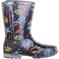 ABSOLUTE FOOTWEAR Men's Childrens Easy Slip On Space Themed Wellintgon Boots, Flashing Lights in Navy | Size: 1