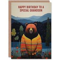 Artery8 Men's Happy Birthday Card to a Special Grandson Happy Hipster Hippie Bear Hippy Cardigan