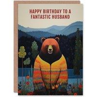 Artery8 Men's Happy Birthday Card to a Fantastic Husband Happy Hipster Hippie Bear Hippy Cardigan