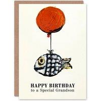 Artery8 Men's Happy Birthday Card to a Special Grandson Fun Balloon Fish Fishing Fisherman Angler in Off-White